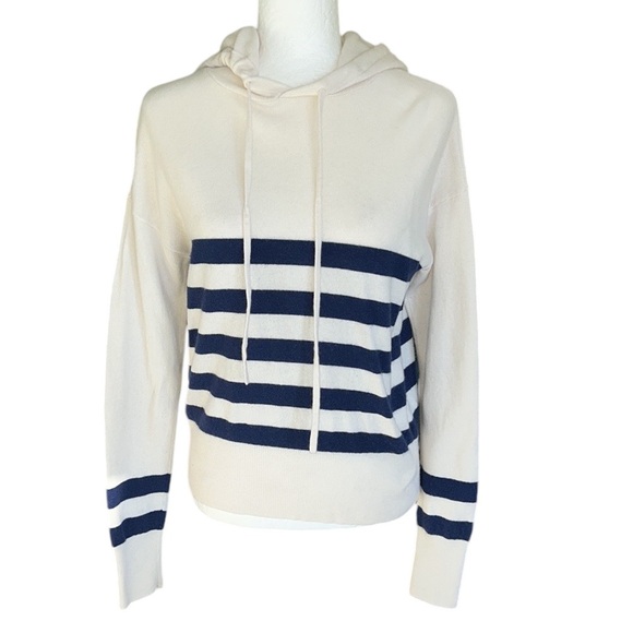 Vineyard Vines Cream & Blue Striped Cashmere & Wool Pullover Hoodie Sweater - M - Picture 1 of 15